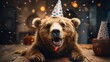 Happy cute animal friendly brown bear wearing a party hat celebrating at a fancy newyear or birthday party festive celebration greeting with bokeh light and paper shoot confetti surround party