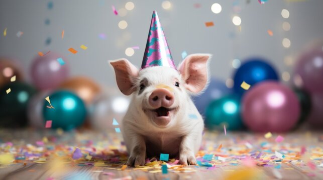 happy cute animal friendly pig wearing a party hat celebrating at a fancy newyear or birthday party 