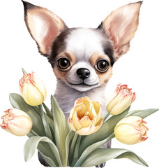 Aufkleber - Cute chihuahua with flowers portrait illustration created with Generative AI technology