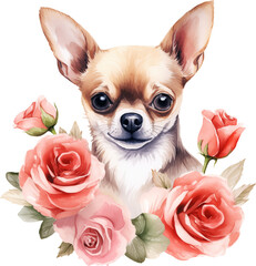 Aufkleber - Cute chihuahua with flowers portrait illustration created with Generative AI technology
