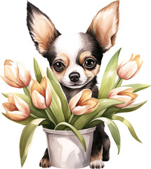 Aufkleber - Cute chihuahua with flowers portrait illustration created with Generative AI technology