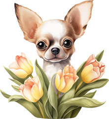 Aufkleber - Cute chihuahua with flowers portrait illustration created with Generative AI technology