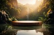 Wooden product display podium with jungle and waterfall background, Tropical rainforest valley landscape, 3d render illustration.