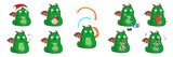 Fototapeta Dinusie - Set of vector illustrations of cartoon green dragon, Santa dinosaur, hockey player dragon, dragon in love, rainbow. 9 isolated characters.