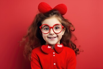 Sticker - Valentine's day, love and people concept - smiling little boy in red heart shaped sunglasses over red background, beautiful kid wearing stylish big red glasses on valentine day, AI Generated