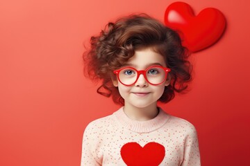 Sticker - Beautiful little girl with red heart on a red background. Valentine's Day, beautiful kid wearing stylish big red glasses on valentine day, AI Generated