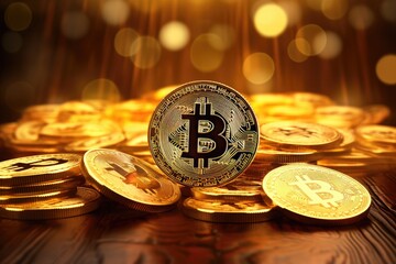 Poster - Golden Bitcoin on gold background with bokeh. Cryptocurrency concept, Bitcoins money Virtual currency with golden background, AI Generated