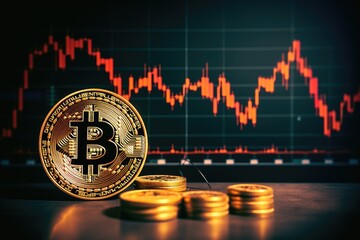 Canvas Print - Bitcoin cryptocurrency coin on the background of the financial chart. 3D rendering, bitcoin with price chart, AI Generated