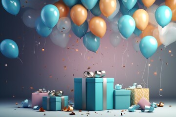 Poster - Gift boxes and colorful balloons on wooden background. Birthday party concept, 3D render of a birthday background with a gift box, balloons, and confetti, AI Generated