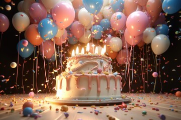 Wall Mural - Birthday cake with candles, balloons and confetti on wooden table, A 3D render showcases a birthday cake with candles, balloons, and confetti, AI Generated