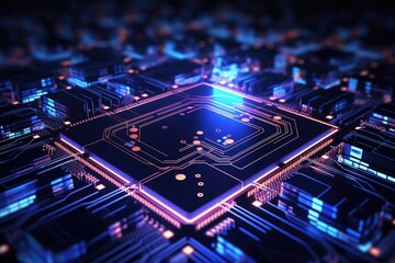 Poster - Circuit board background. 3d rendering, 3d illustration, Abstract computer circuit board and IC chip lines are illuminated with neon lights in suitable for wallpaper background, AI Generated