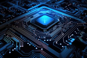 Poster - Circuit board background. 3d rendering, 3d illustration, Abstract computer circuit board and IC chip lines are illuminated with neon lights in suitable for wallpaper background, AI Generated