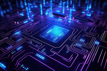 Poster - Circuit board background. 3d rendering, 3d illustration, Abstract computer circuit board and IC chip lines are illuminated with neon lights in suitable for wallpaper background, AI Generated