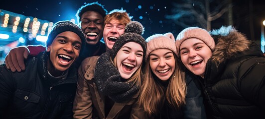 men and women celebrate winter holiday together at fun fair, happy and togetherness, Generative Ai