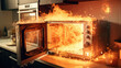 The microwave caught fire in the kitchen
