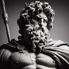 Handsome marble statue of powerful greek god Zeus over dark background, The powerful king of the gods in ancient Greek religion.