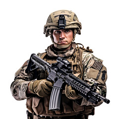 With gun, soldier in military uniform, man of USA army, Isolated on Transparent Background, PNG