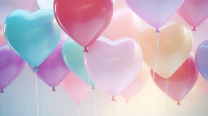Wall Mural - Close up of heart-shaped balloons flying in the air, showcasing levitation against a vibrant rainbow palette on a soothing white and pastel background.