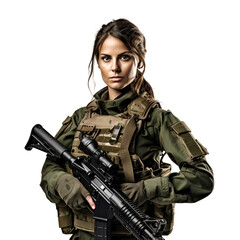 In military uniform with gun, soldier, woman of USA army, Isolated on Transparent Background, PNG