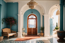 Interior Design Of Greek Island-style Entrance Hall With Doorway