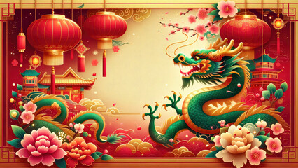 Wall Mural - Chinese new year, dragon elements with zodiac year of the dragon, Chinese new year banner with copy space.