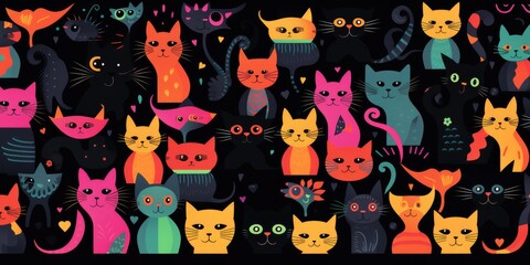 Wall Mural - Retro vector style cute cat animal fabric pattern for wrapping paper background banners. Generative AI. Isolated on black background