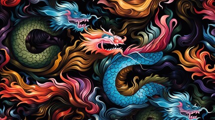 Wall Mural - Retro vector style dragon fabric pattern for wrapping paper background banners. Generative AI. On black background