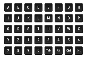 Poster - Modern key buttons for pc. Black keyboard, isolated on white background. Command set icons. Computer keyboard button set. Icons of control, alt, alphabet, numbers, escape. Vector illustration