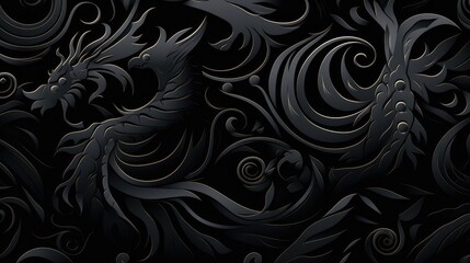 Wall Mural - Retro vector style dragon fabric pattern for wrapping paper background banners. Generative AI. On black background