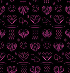 Poster - Valentine's Day seamless background with neon pink hearts shape, y2k retro element. Vector illustration in 90s, psychedelic style 