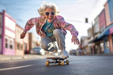 dynamic funny grandmother riding a skateboard, high speed on asphalt urban road. active senior lifes