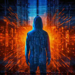  Digital cyber data hacker, hooded figure, cyber criminal, digital encryption, computer cyber security, firewall breach, abstract binary code,  cyber protection, internet hacker, hacking, 