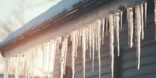 Winter Scene With Icicles Hanging From A Roof, Creating A Cold And Bright Environment.