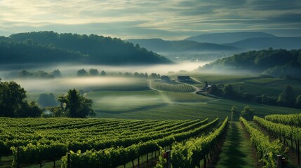 Wall Mural - Vineyard vista with a hint of fog, adding an ethereal quality to the Virginia Wine Expo