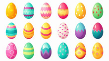 Cartoon Style, Simple Vector Illustration Set, Simple Colored Easter Eggs Isolated On A White Background. Beautiful Design Element. Easter Eggs With Smiling Faces. Beautiful Decoration For Children.
