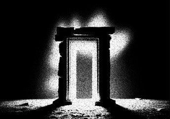 Poster - Ancient ruins in sci-fi scene with dotwork retro style. Mysterious gate debris with dramatic lights and retro texture
