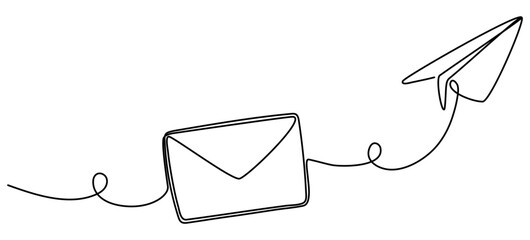 Poster - Paper plane with envelope continuous line drawing. Email linear symbol. Vector illustration isolated on white.