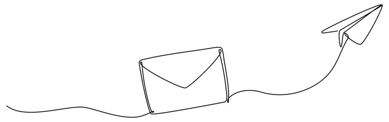 Poster - Paper plane with envelope continuous line drawing. Email linear symbol. Vector illustration isolated on white.