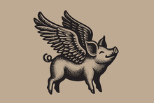 Flying Pig With Wings. Vintage Retro Engraving Illustration. Black Icon, Isolated Element