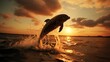 Dolphins jumping in the ocean at sunset, creating a lively and dynamic aquatic scene