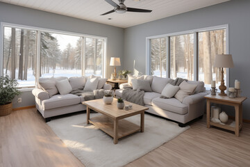 Wall Mural - Winter Comfort: Cozy Living Room with Plush Couches Overlooking a Snowy Landscape