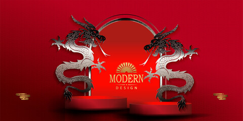 Wall Mural - Chinese New Year, design with metal dragons, frame and podium.