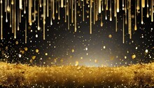 Gold Glitter And Shiny Golden Rain On Black Background Horizontal Luxury Background