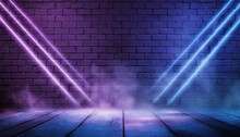 Brick Wall Texture Pattern Blue And Purple Background An Empty Dark Scene Laser Beams Neon Spotlights Reflection On The Floor And A Studio Room With Smoke Floating Up For Display Products