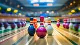 Fototapeta  - motion blur of bowling ball skittles on the playing field