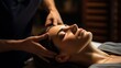 Relaxing Head Massage at a Tranquil Spa. Woman receiving a calming head massage in a softly lit spa environment.