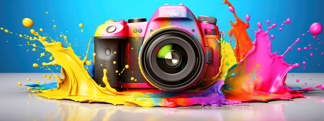 bright professional digital camera in bright paint splatter on blue background