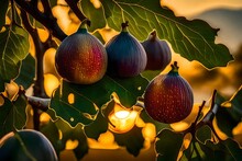 A Close Up Of A Fully Riped Couple Of Fig Hanging On A Branch