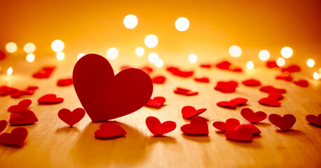 Sticker - Red heart sitting on top of wooden table next to group of candles.