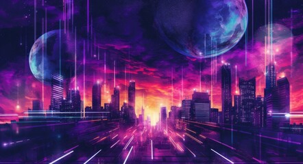 Wall Mural - Purple retrowave city synthwave cityscape.